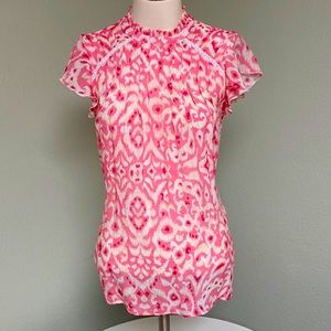 Nanette Lepore Rayon Polyester Blend Red and Pink Printed Blouse Cap Sleeves XS